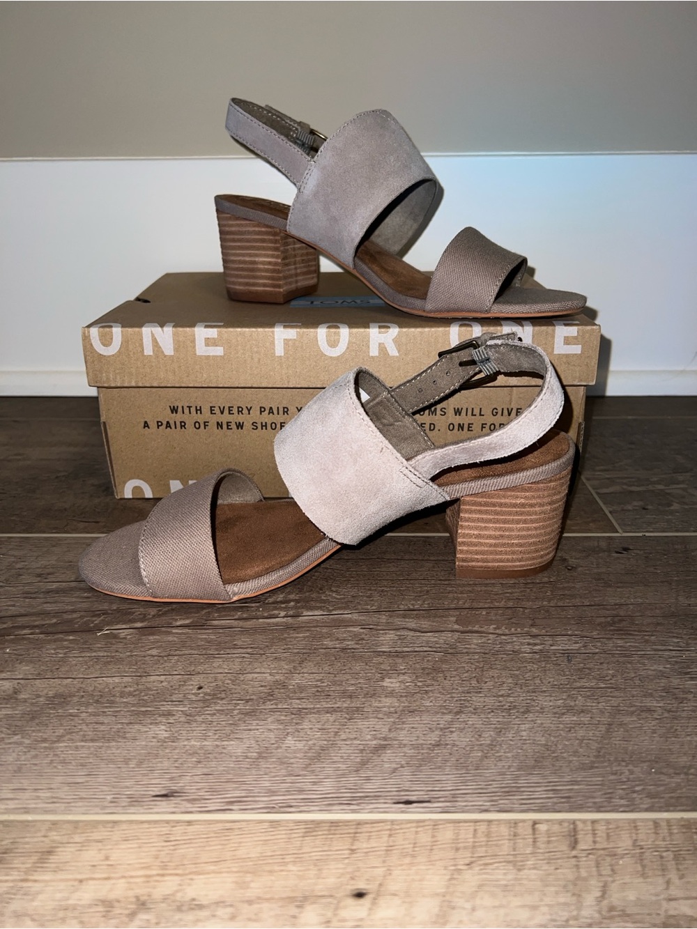 Toms Taupe Suede Block Heel Slingback Sandals